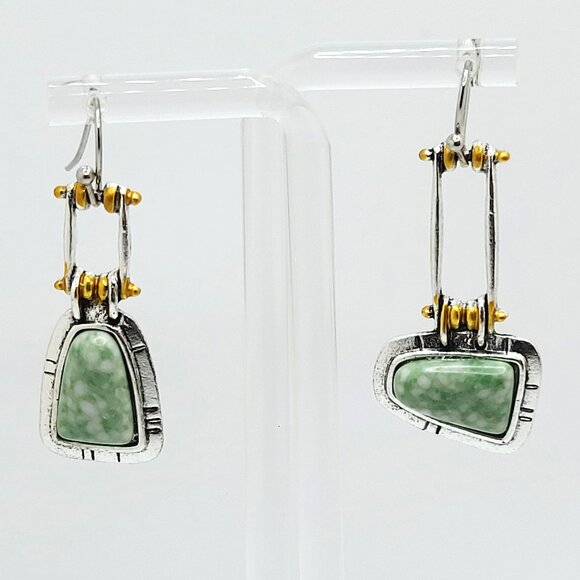 Asymmetrical Silver & Gold Accent Earrings Green Marbled Acrylic Stones - Picture 1 of 4